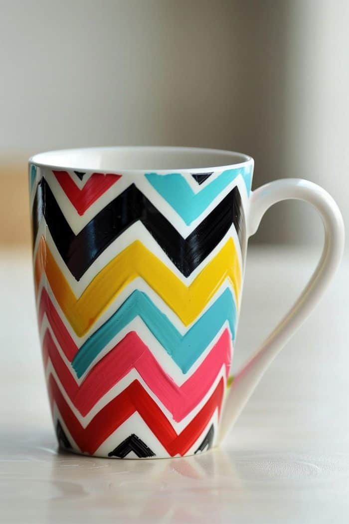 Sharp chevron patterns in bold, contrasting colors wrap around this mug, making a modern and dynamic statement.