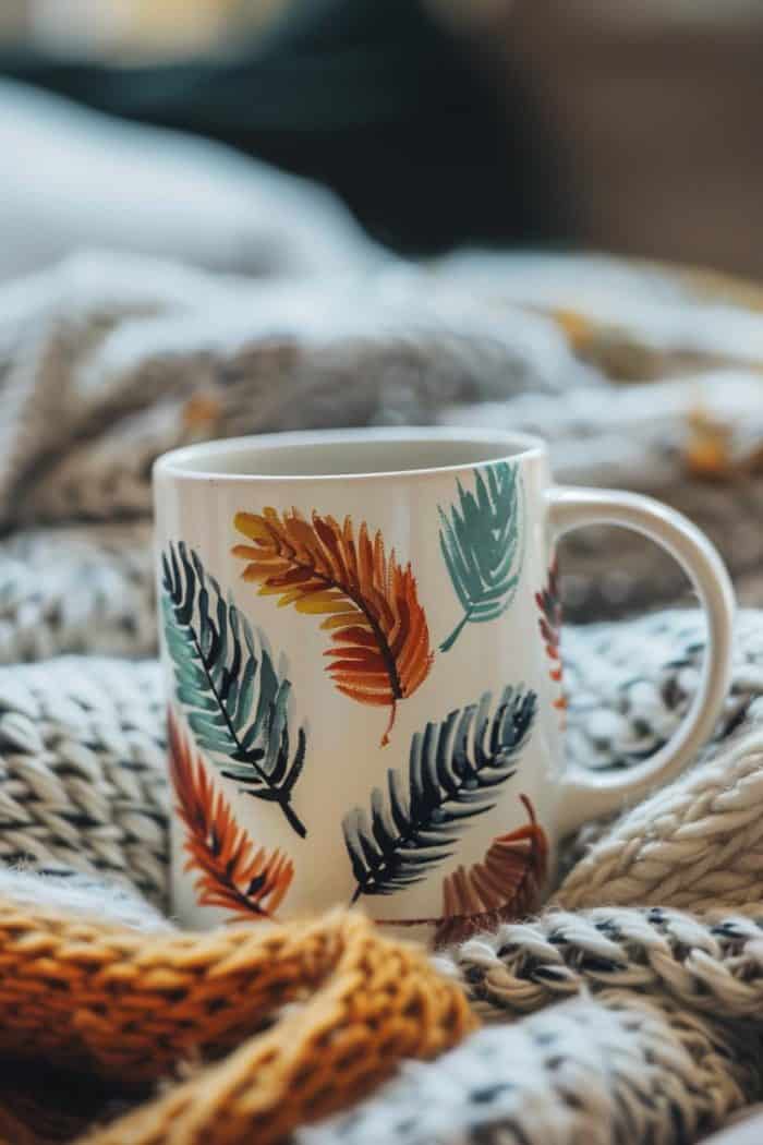 The mug is adorned with delicate imprints of feathers, each one detailed to capture the lightness and grace of a bird's plumage.