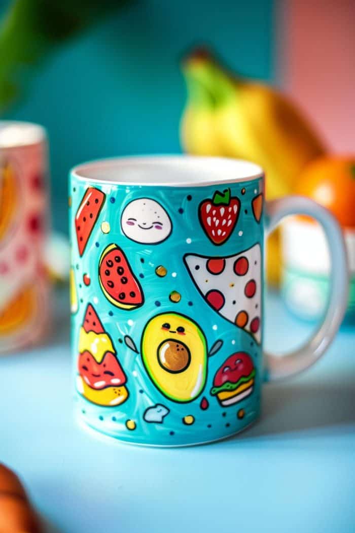This mug is a playful gallery of hand-painted, quirky food illustrations, from smiling avocados to dancing pizza slices.