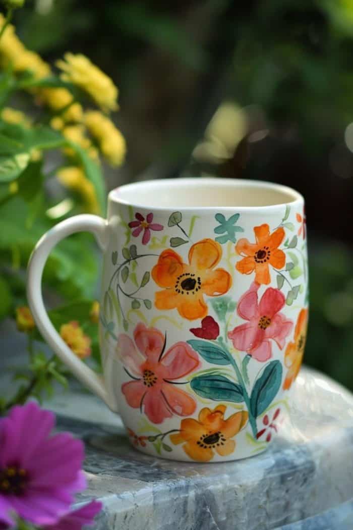 Delicate watercolor florals bloom across the surface of this mug, with each petal and leaf blending softly into the next.