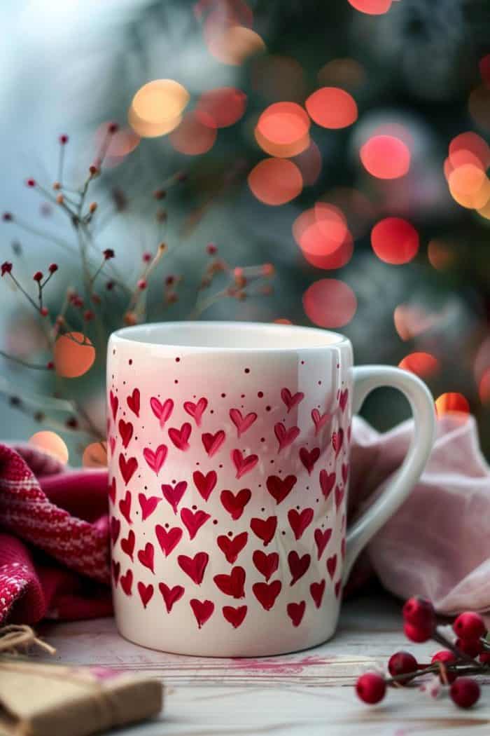 A charming array of hearts cascade around this mug, symbolizing love and warmth.
