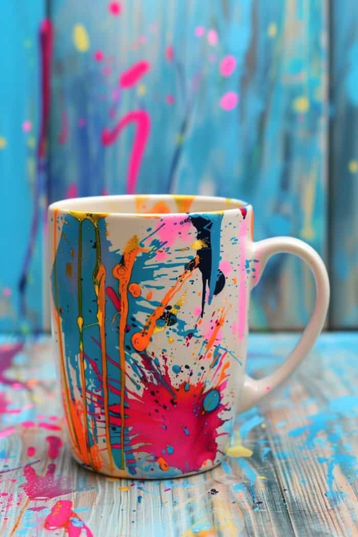 This mug boasts an eclectic splash of colors, with each abstract mark contributing to a composition that is both spontaneous and thoughtfully balanced.