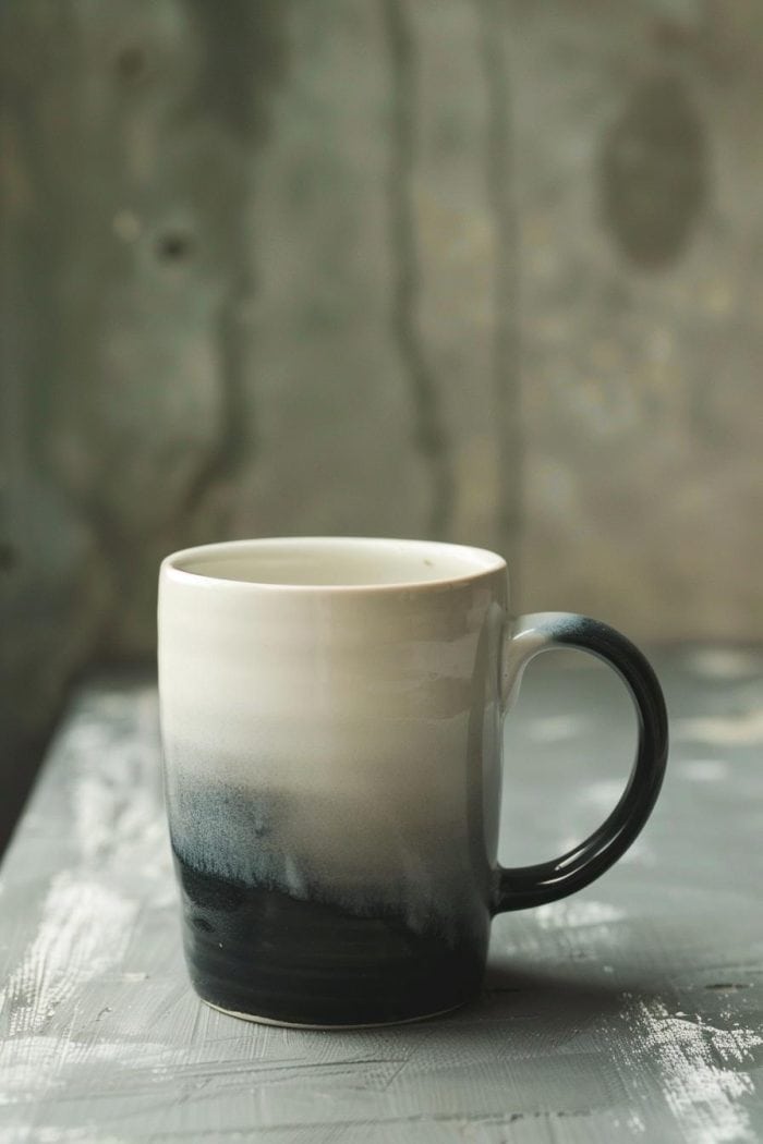 This mug features a sleek monochrome ombre, transitioning smoothly from a deep black at the base to a light gray at the top.