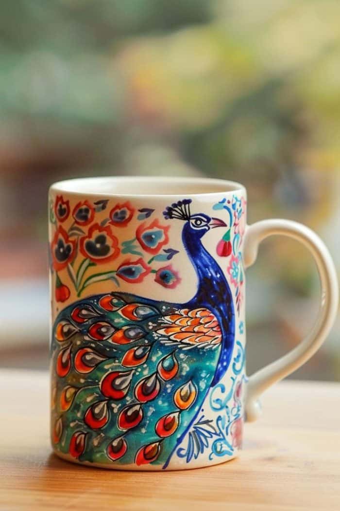 Lustrous peacock feathers adorn this mug, their vibrant blues, greens, and purples painted with a metallic sheen to capture the iridescence of a peacock's plumage.