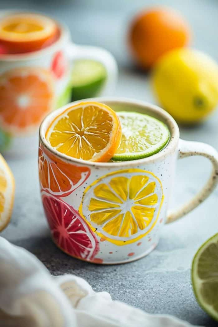 This mug is encircled with bright, juicy citrus fruit slices, their vivid colors and detailed pulp textures bringing a burst of freshness to your day. The slices can be painted with a mix of translucent and opaque layers to resemble real fruit.