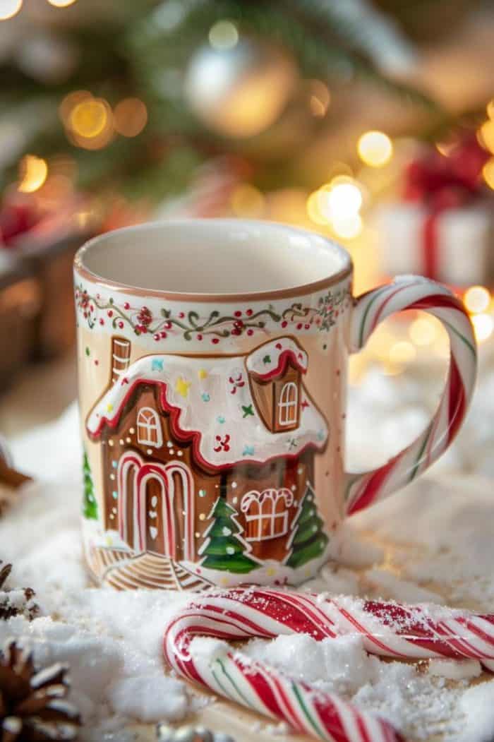A cozy gingerbread house, complete with candy cane borders and a dusting of sugar snow, wraps around this mug.
