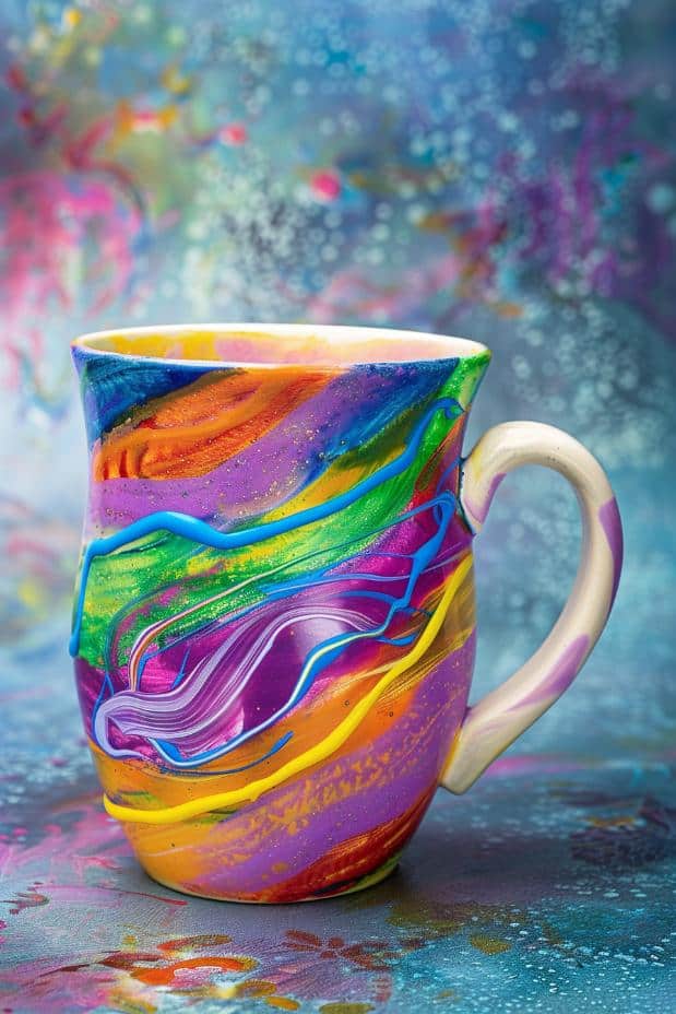 Swirls in a kaleidoscope of vibrant colors, like orange, blue, yellow, green, and violet, twist around this mug, accented with glitter to add a hint of sparkle.