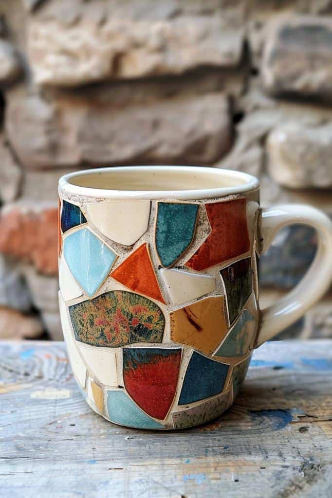 Crafted to resemble a mosaic made from glazed pottery shards, this mug is a patchwork of ceramic pieces in various colors and finishes.