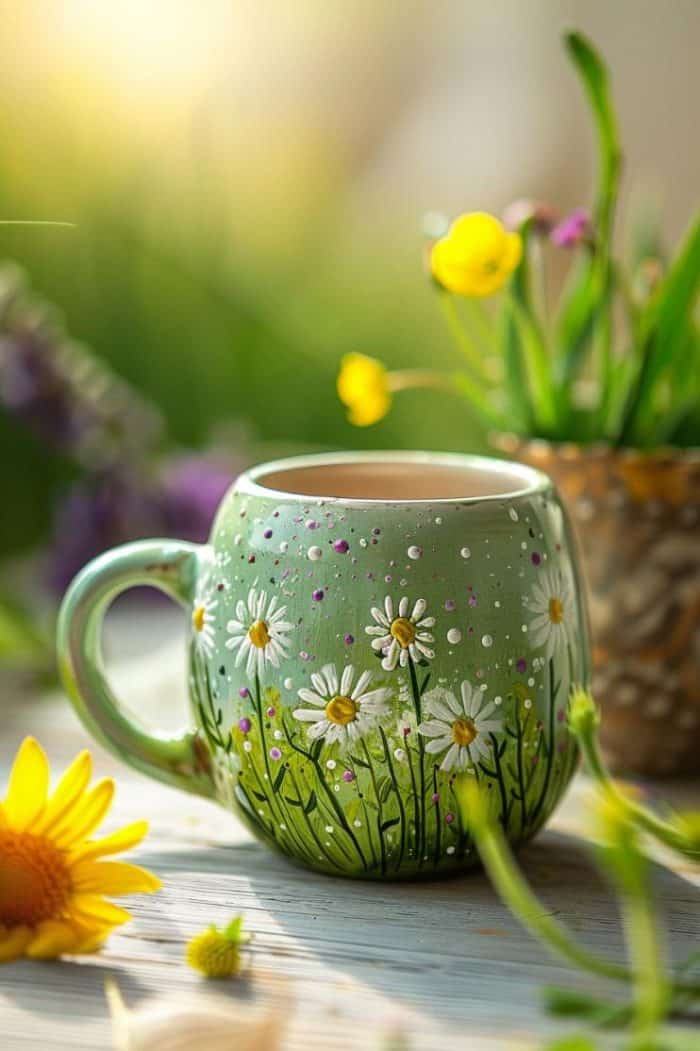 The mug is a canvas for a fresh spring meadow, complete with vibrant green grass and sprinklings of wildflowers.