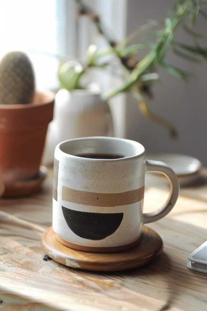 Featuring a minimalist art design, this mug utilizes negative space and sparse, geometric shapes to convey a sense of calm and clarity.