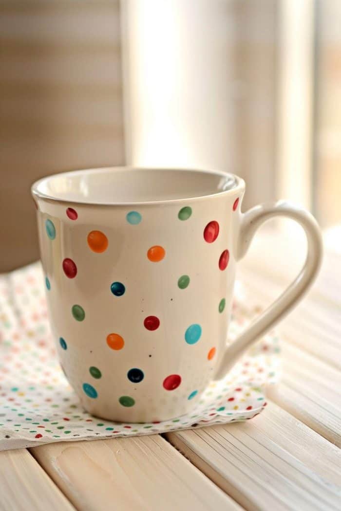 This mug is encircled with a series of polka dots in a variety of sizes and colors, each dot meticulously placed to create a sense of play and movement.