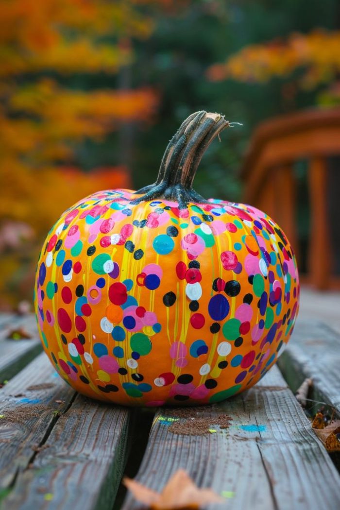 Bright, multicolored dots trickle down the sides of the pumpkin, giving the impression of a vibrant shower of confetti. The dots vary in size and color, creating a dynamic and playful pattern that wraps around the pumpkin's curves.