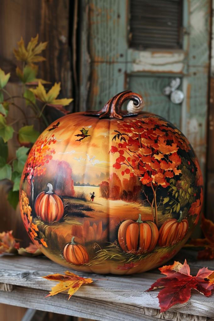 The pumpkin serves as a canvas for a richly colored autumn harvest scene, complete with pumpkins, gourds, and falling leaves. 