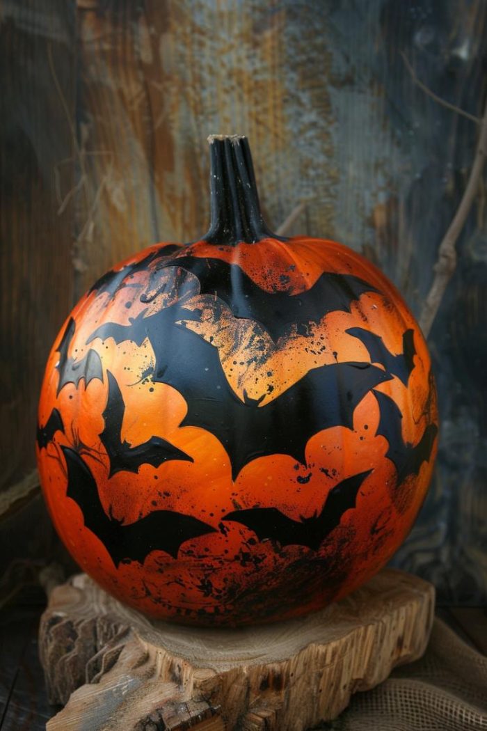 Silhouettes of vampire bats with wings unfurled sweep across the pumpkin's surface, their forms casting eerie shadows against a twilight-hued background. 