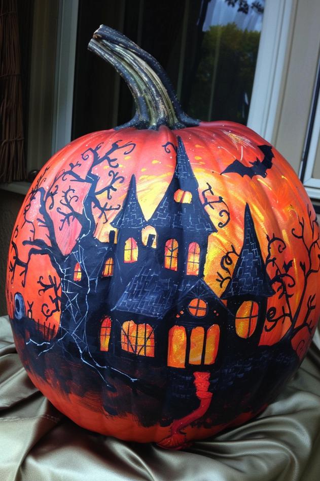 Gothic haunted houses, detailed with cracked windows, pointed turrets, and creeping ivy, are intricately painted onto pumpkins, beckoning the curious with their mysterious charm. 