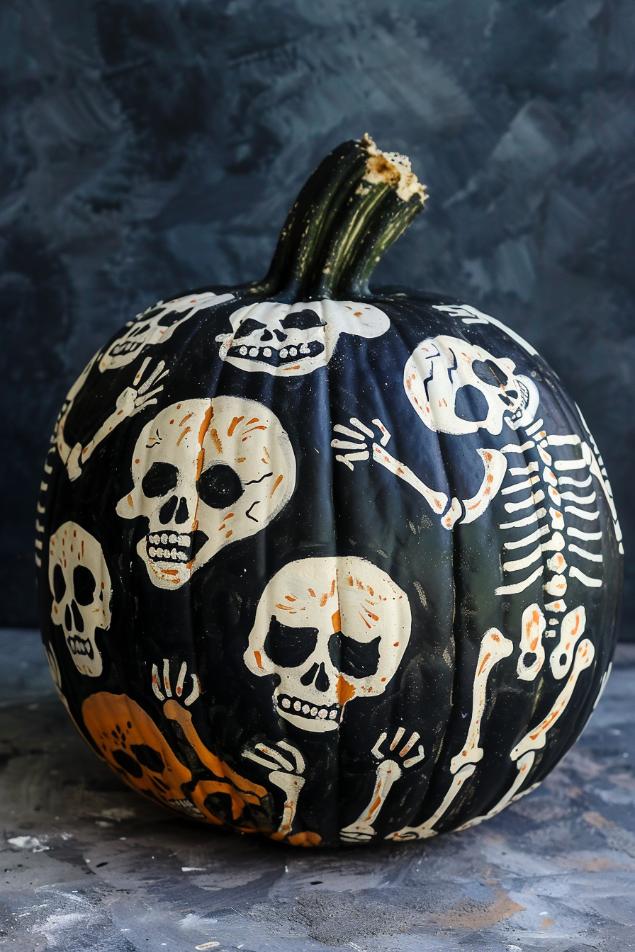 A chilling collection of human bones and grinning skulls encircle the pumpkin, painted in a stark contrast of bone-white against a shadowy black base.