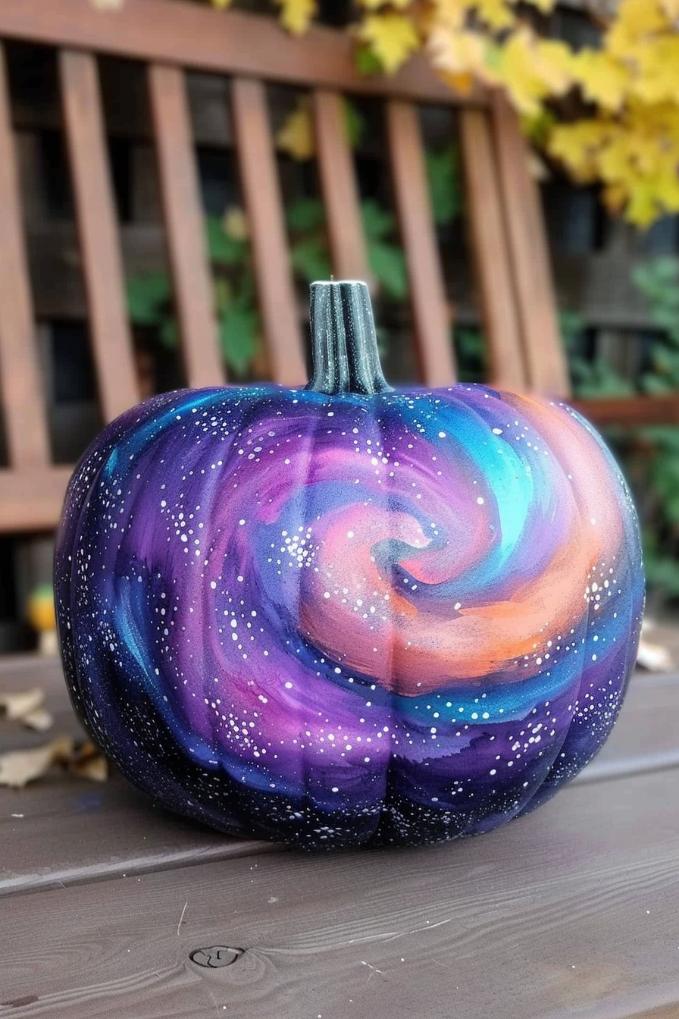 A cosmic display of swirling galaxies and twinkling stars envelops the pumpkin, with brush strokes of deep violet, indigo, and pink creating the illusion of a vast universe. 