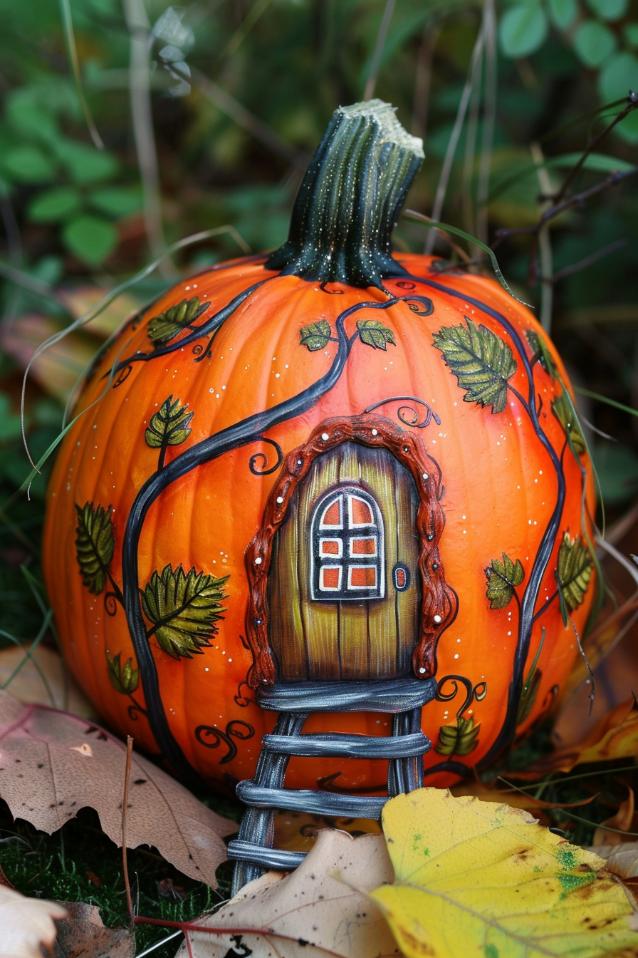 The pumpkins are adorned with quaint, ornate doors and delicate windows, suggesting a gateway to an enchanted fairy abode. 