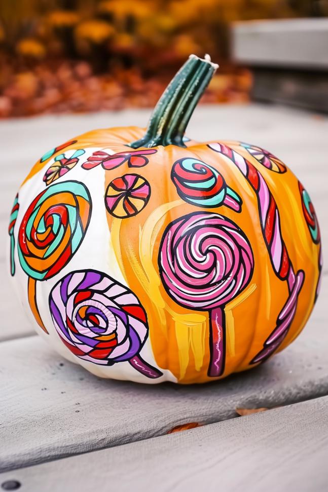 Pumpkins become a canvas for an array of classic trick-or-treat candies, with bright, bold colors that mimic the sugary delights found in a Halloween candy bag.