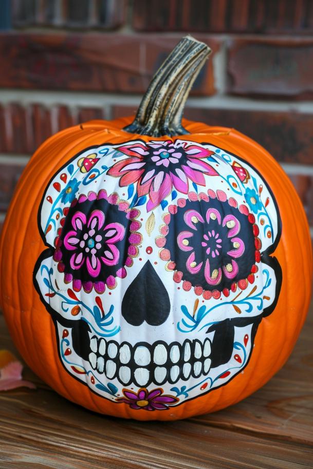 Inspired by Dia de los Muertos, these pumpkins feature sugar skull art in vibrant colors, adorned with intricate floral patterns and traditional decorative elements. 