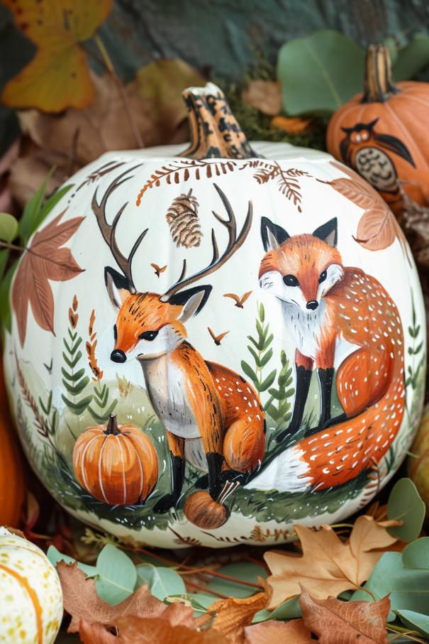 A menagerie of forest animals, including inquisitive foxes, graceful deer, and wise owls, are painted onto pumpkins, nestled among painted foliage. 