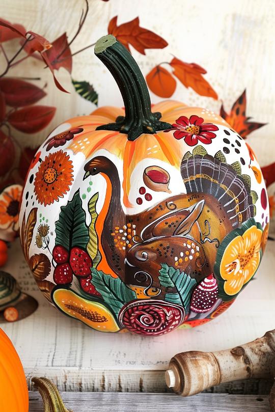 These pumpkins are a tribute to Thanksgiving, painted with a spread of the holiday's most beloved dishes—from golden-brown turkeys to heaping piles of mashed potatoes. 