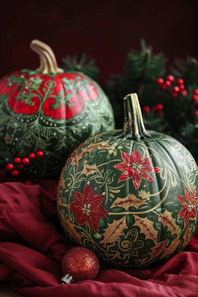 The pumpkins become spherical canvases for painting delicate Christmas ornaments, each detailed with intricate patterns and a dusting of glitter to mimic holiday sparkle. 