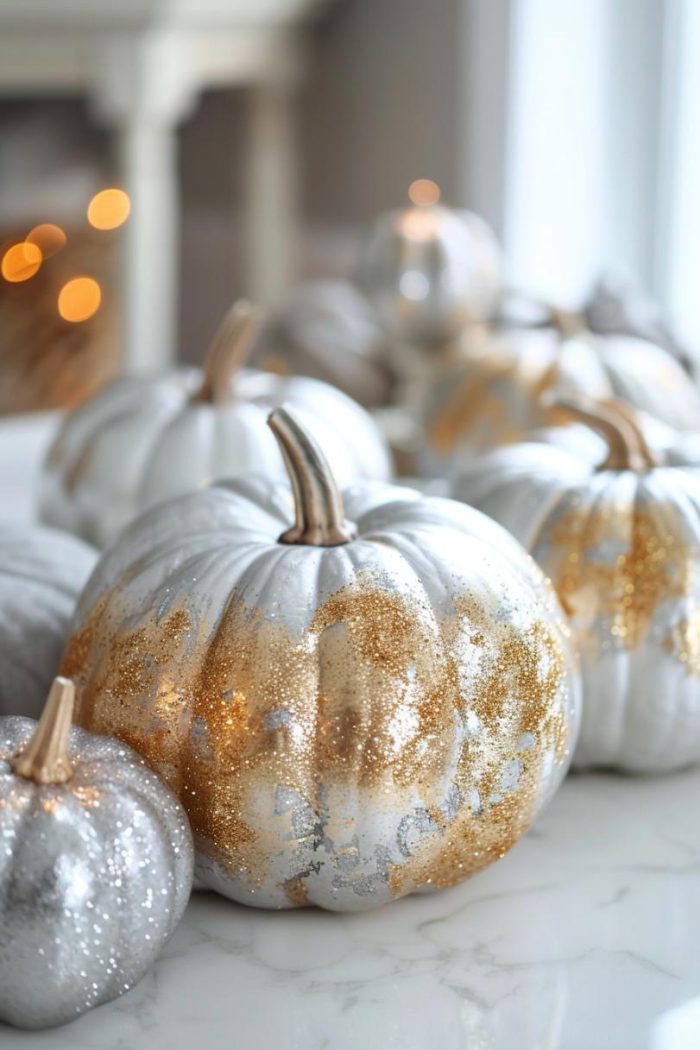 Capturing the excitement of New Year's Eve, these pumpkins are decked out in metallic golds and silvers and a sprinkle of glitter that mimics the sparkle of fireworks and festive party decor. 