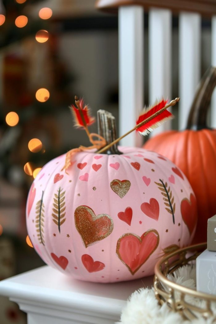 Romance is in the air with these Valentine's Day-themed pumpkins, painted with soft pinks and reds and adorned with arrows, hearts, and love motifs. 