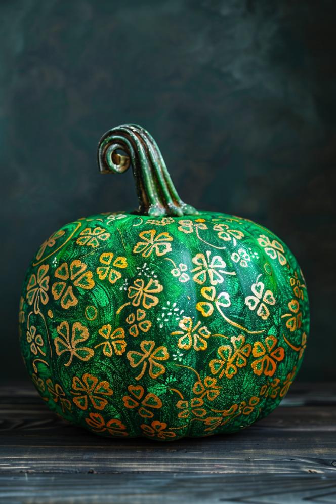 In celebration of St. Patrick's Day, these pumpkins are painted a vibrant green and covered in a pattern of shamrocks, with some leaves highlighted in gold for a lucky touch. 