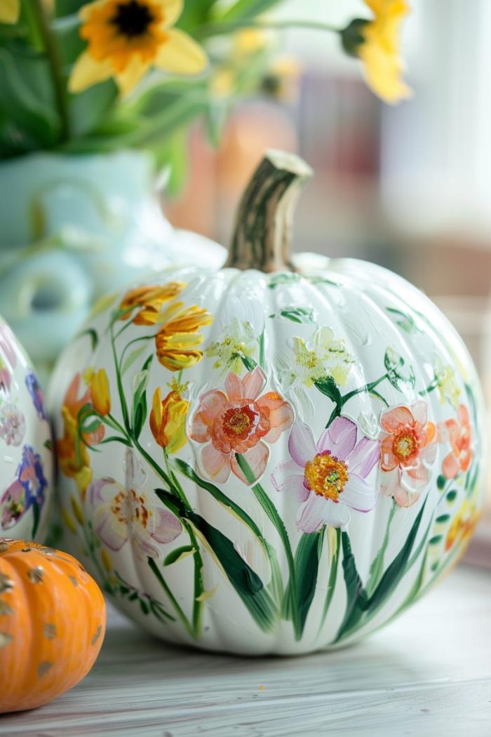 These pumpkins are adorned with a variety of spring flowers, from tulips to daffodils, with each petal and leaf painted to capture the freshness of the season. 