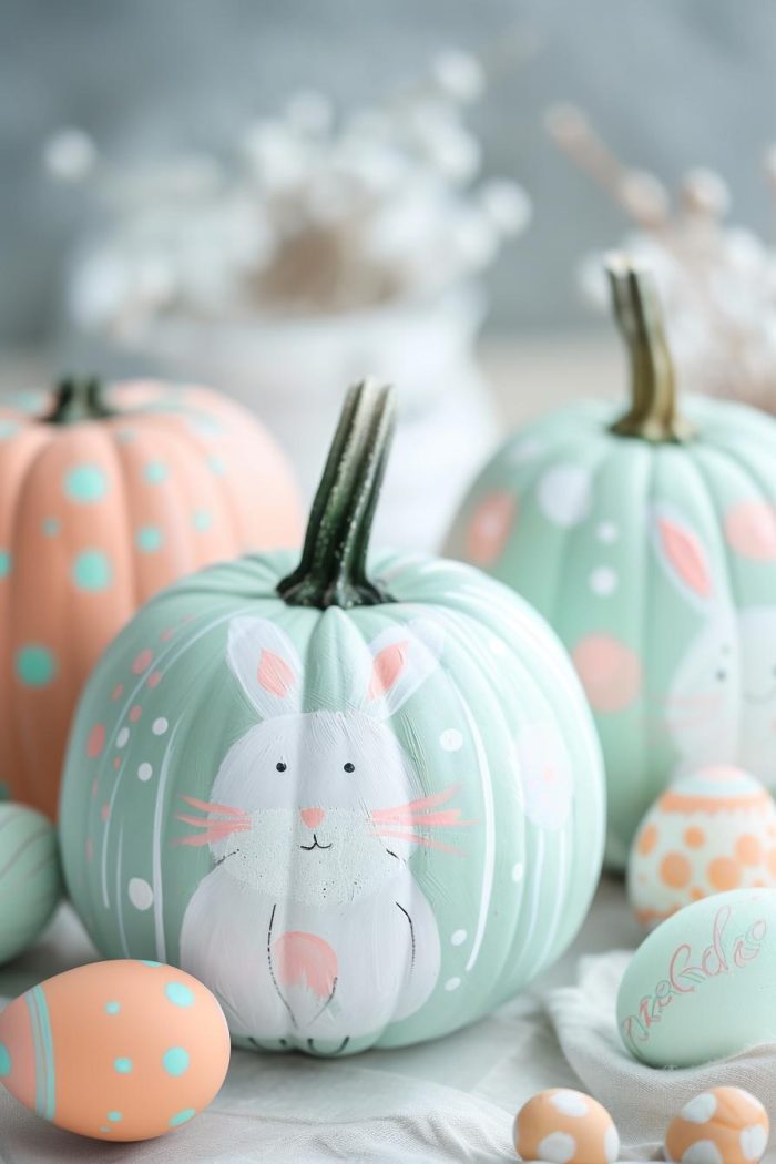 Pumpkins become playful canvases for Easter celebrations, featuring fluffy bunnies and decorated eggs in a palette of soft pastel shades. 