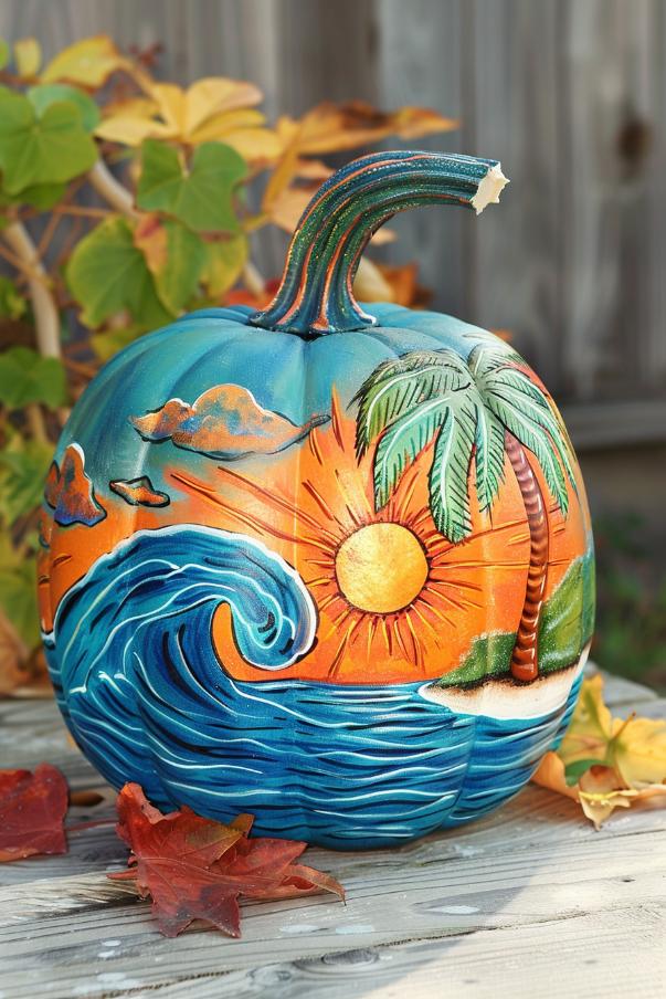 Vibrant and lively, these pumpkins evoke the fun of a summer beach party with images of bright sun, palm trees, and waves. 