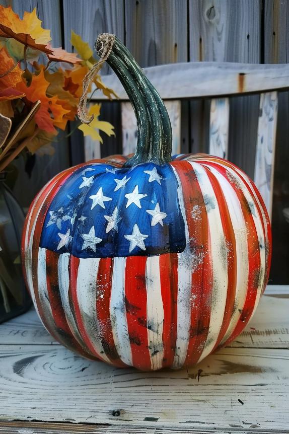 Pumpkins painted with bold stars and stripes in red, white, and blue celebrate the patriotic spirit of the Fourth of July. 