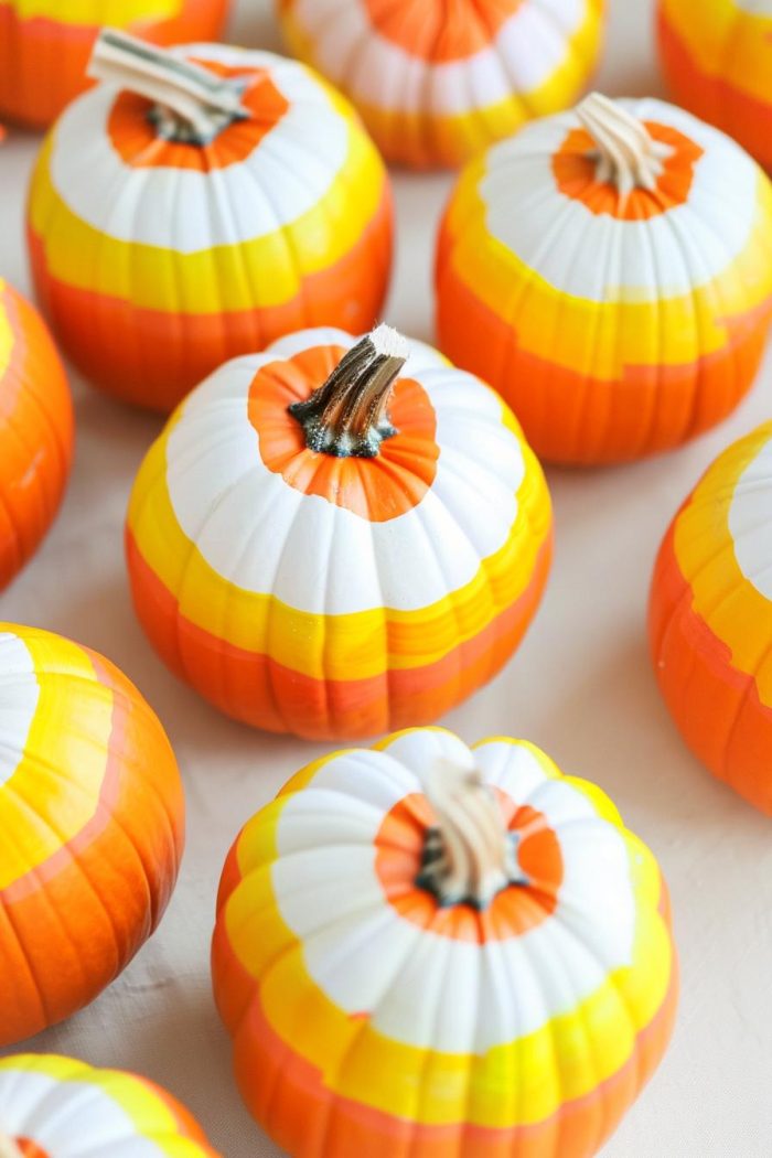 Pumpkins are playfully decorated with the iconic Halloween candy corn pattern, featuring white, orange, and yellow stripes that mimic the look of the actual confection. The candy corn shapes are painted in clusters or patterns that wrap around the pumpkin's contours.