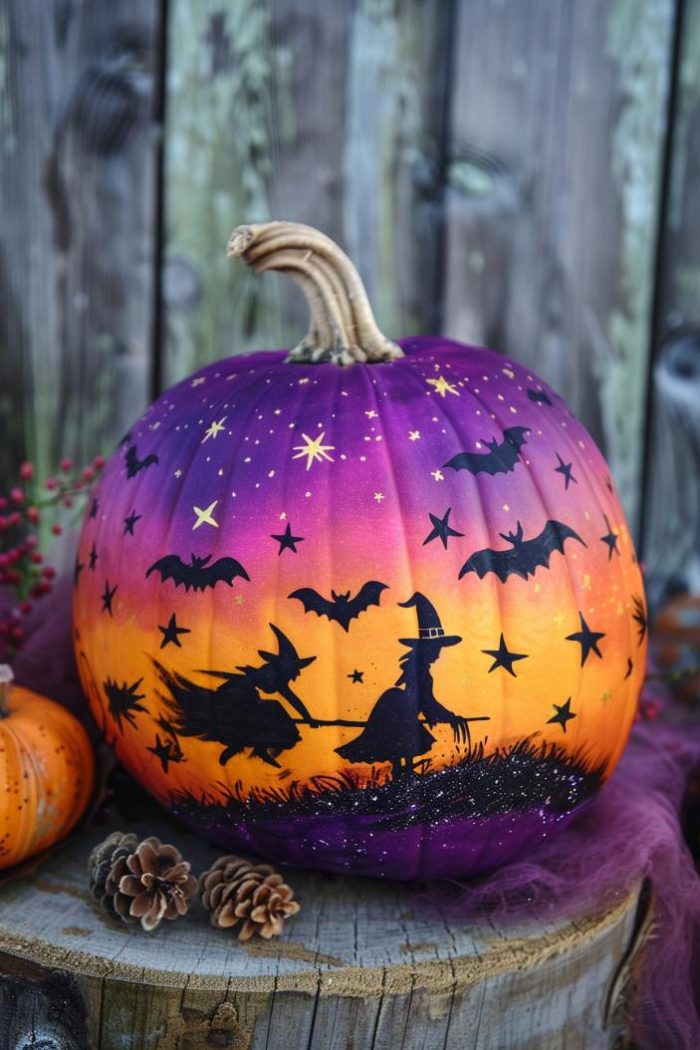 The pumpkin displays a series of playful witch silhouettes, complete with pointed hats and flying brooms, against a dusky purple sky. 