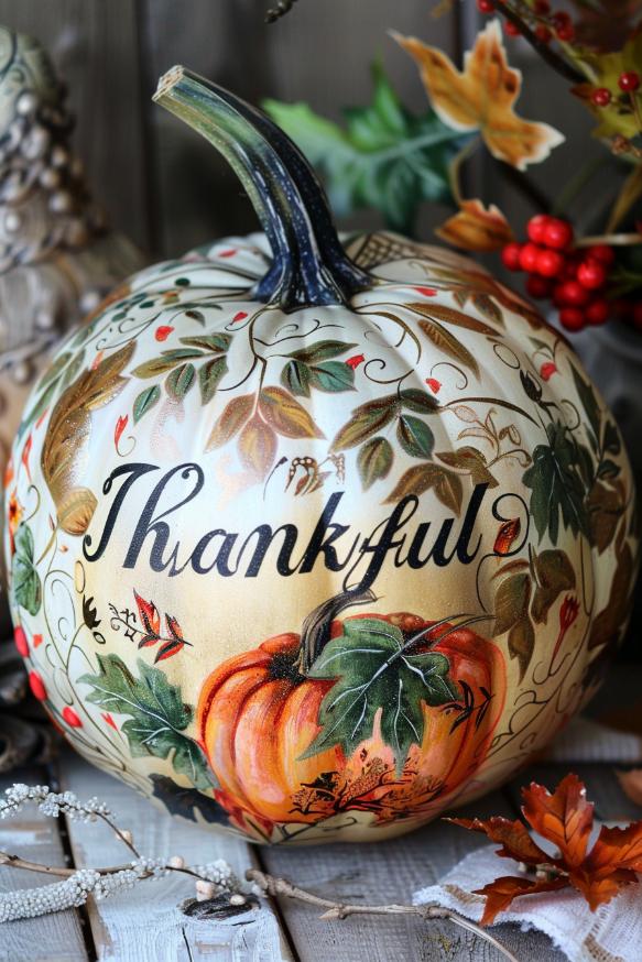 These pumpkins are adorned with warm, autumnal colors and feature heartfelt messages of gratitude in elegant, flowing script. 