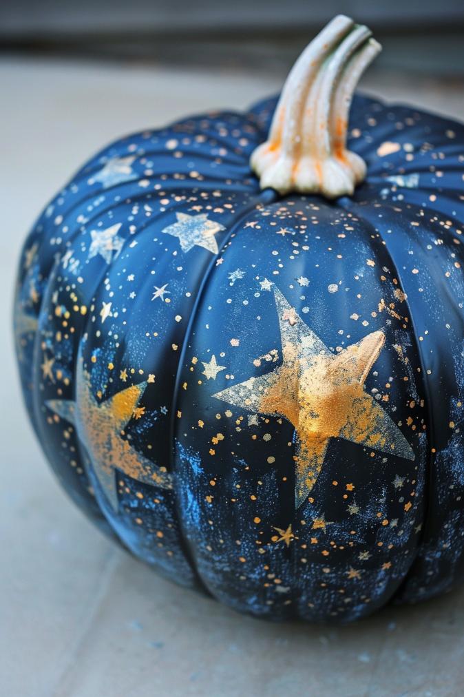 This pumpkin is enveloped in the mystery of a starry night sky, with a base coat of deep navy transitioning to black towards the top. 