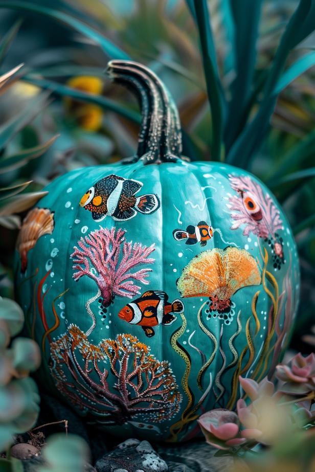 Transform your pumpkin into an underwater oasis with a base of sea blue, layered with hand-painted corals in shades of pink and orange. 