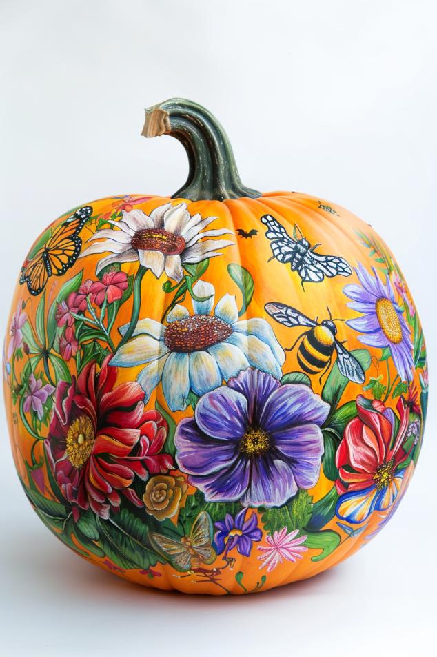 A pumpkin painted as a whimsical garden bursts with life, featuring a variety of flowers in full bloom, bees with delicate wings, and butterflies in mid-flight. 