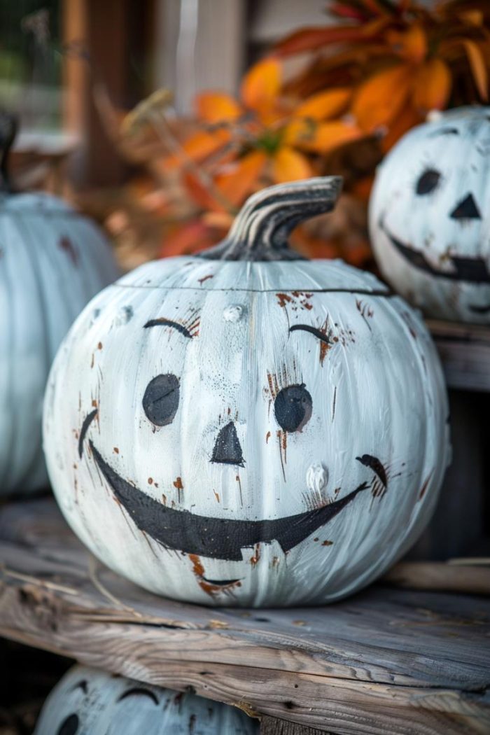 Softly painted with shades of white and light gray, pumpkins are transformed into affable spirits, each bearing a welcoming smile. 