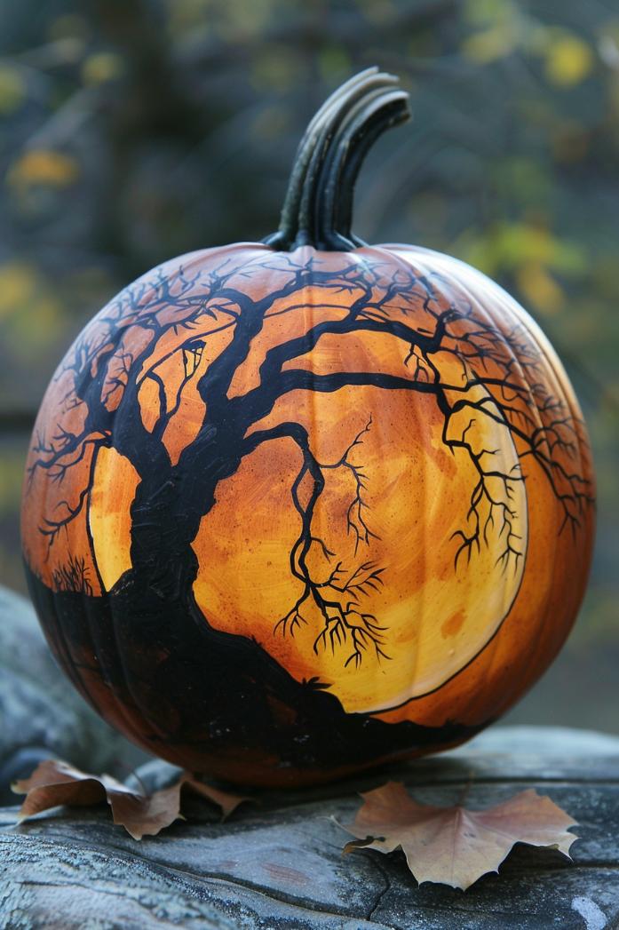 On the pumpkin's surface, a stark black tree stretches its limbs towards a luminous, full harvest moon set against a dusky sky. 