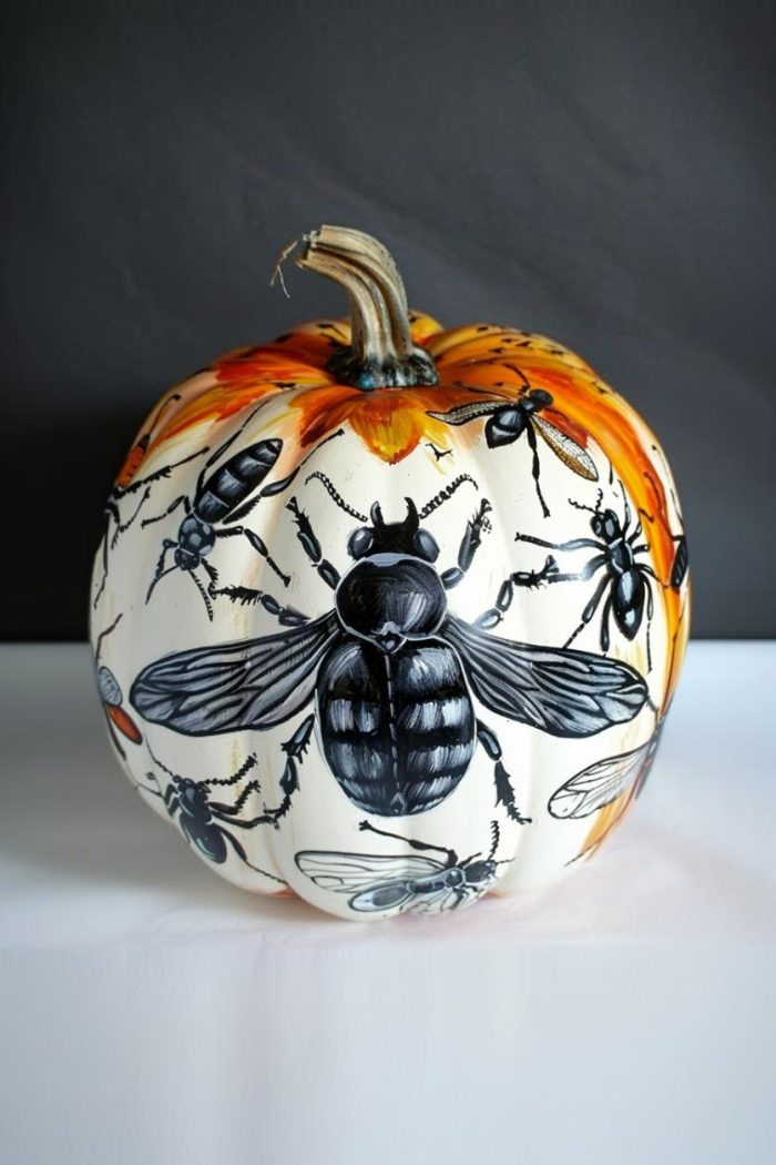 Lifelike insects with glossy backs and delicate legs appear to crawl across the pumpkin's surface. Each bug is detailed with realistic colors and shadows to enhance the 3D effect.