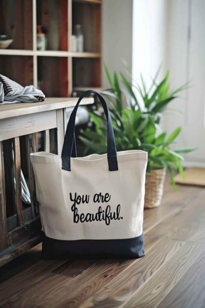 This tote serves as a canvas for empowerment, featuring inspirational quotes in a variety of fonts and sizes. Each word stands out in sharp, clear colors against a neutral background.