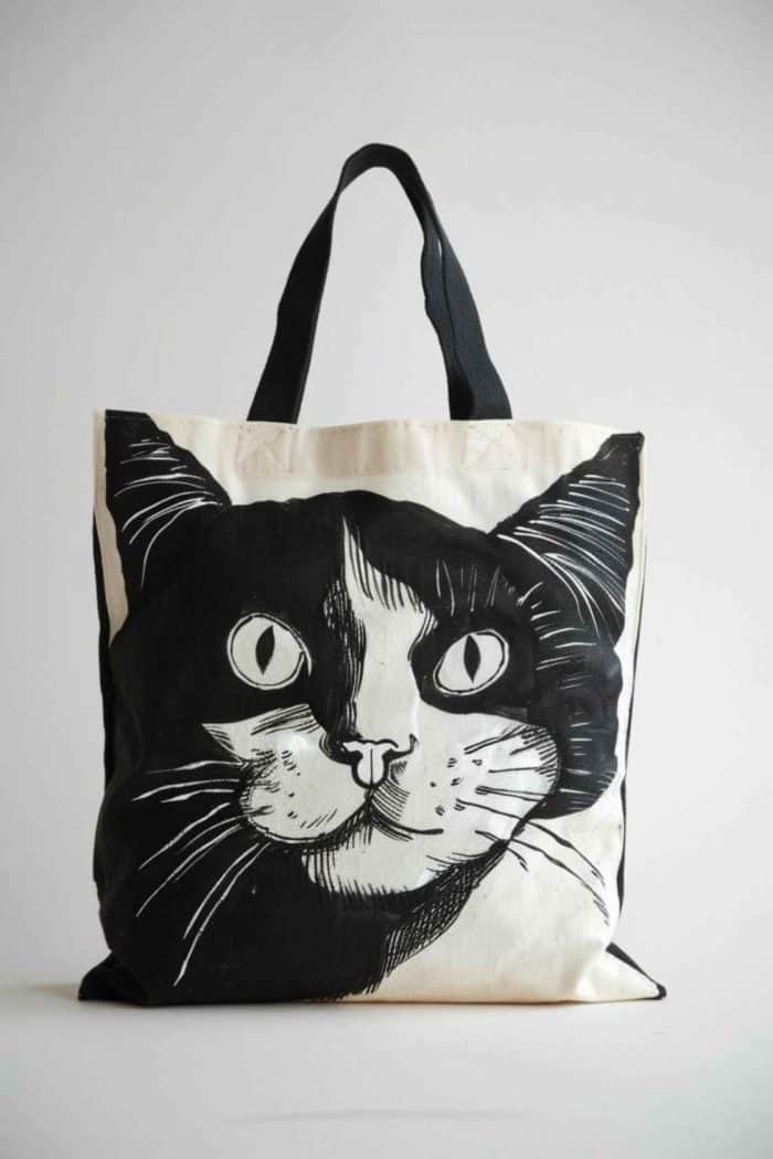 This tote showcases a cute portrait of a cat.