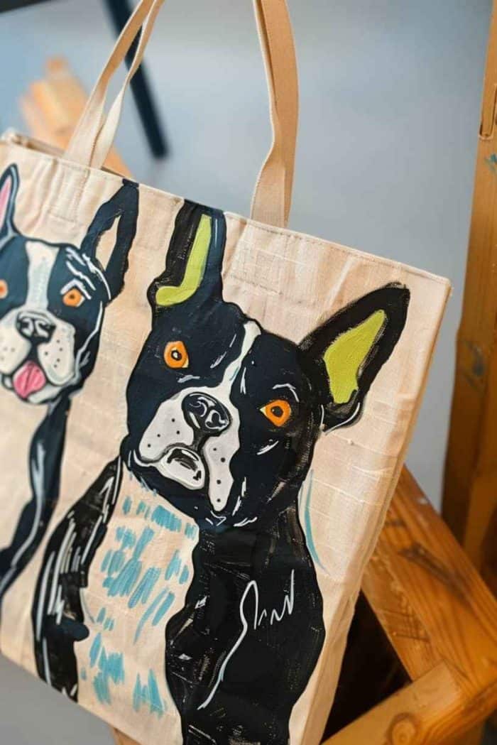 A playful array of dog breeds frolics across the tote, each depicted in a whimsical, cartoon style that highlights their unique traits.