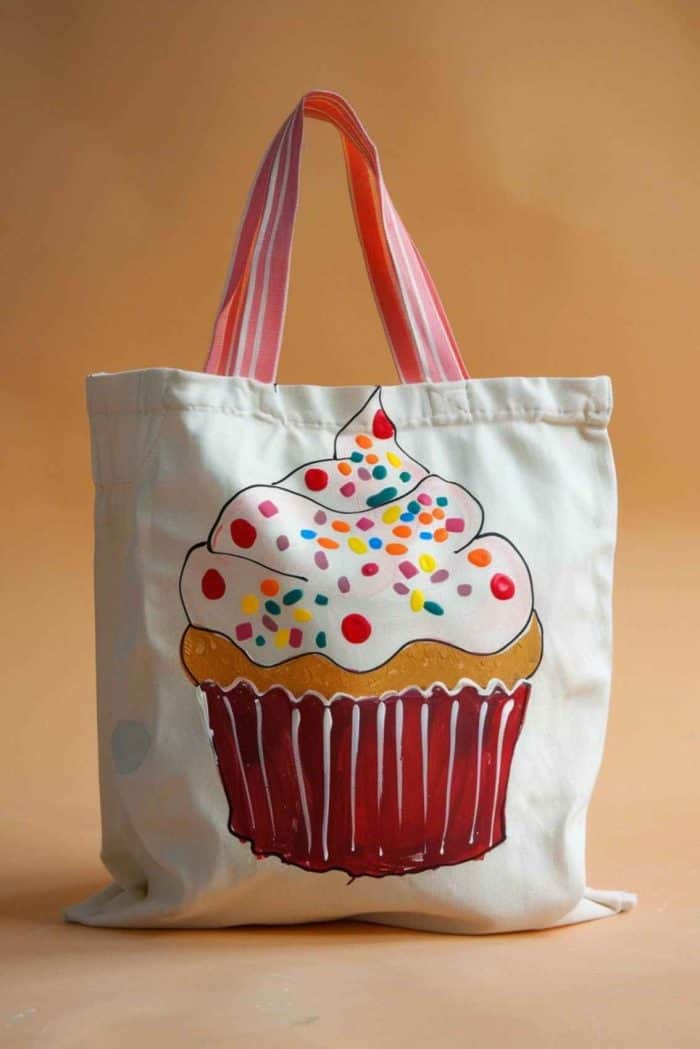 A whimsical cupcake takes the spotlight on this tote. It’s painted with careful attention, and bright colors are used for the sprinkles.