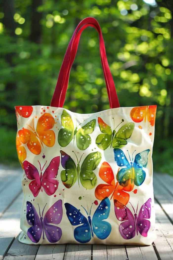 The tote becomes a mobile butterfly garden, with wings detailed in a spectrum of colors and patterns that mimic the intricacies of real butterfly wings.