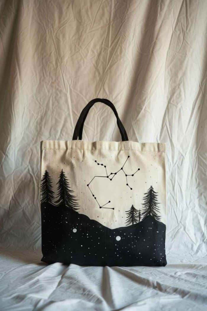 This tote elegantly depicts a Sagittarius constellation above a forest with black trees.