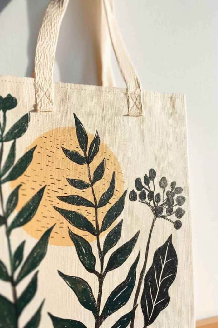 The tote features botanical illustrations, each plant and flower drawn with artistic flair.